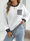 Womens Color Block Stripe Sweater Puff Sleeve Pocket Fall Winter