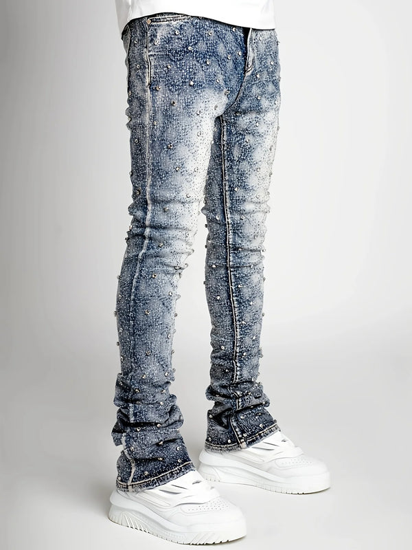 Men Pearl Detail Jeans Straight Leg Stretch Denim Pants Fashion
