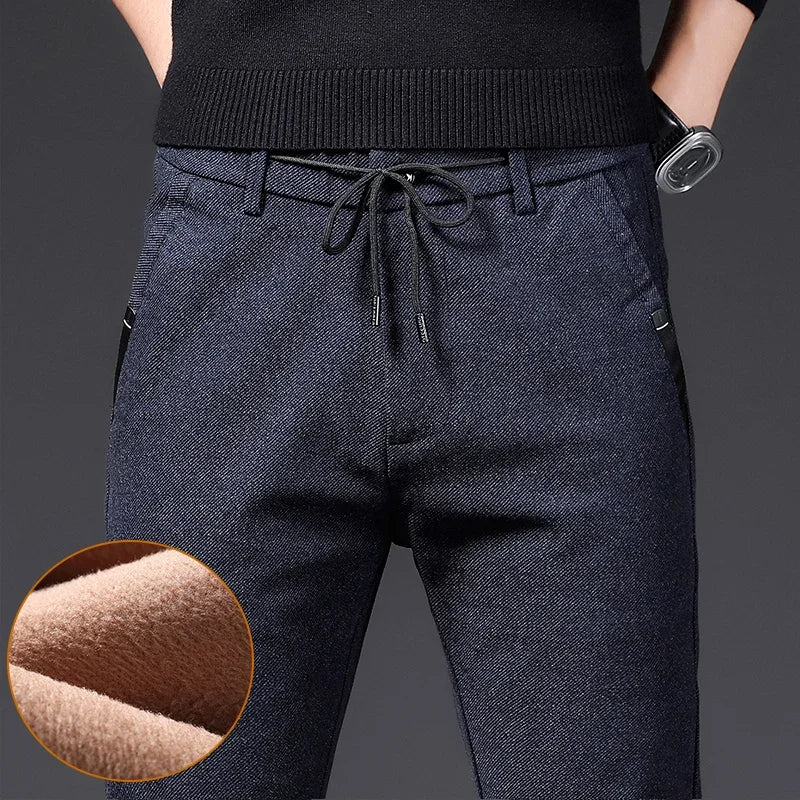 Winter Plush Trousers Men Business Fleece Pants Fashion