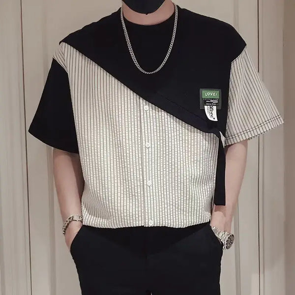 Fake Two-piece T-shirt Men's Spliced striped Short-sleeved Men's