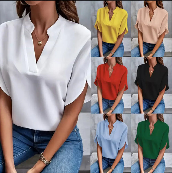 V Neck Half Sleeve Blouse Women Office Loose Pullover Top