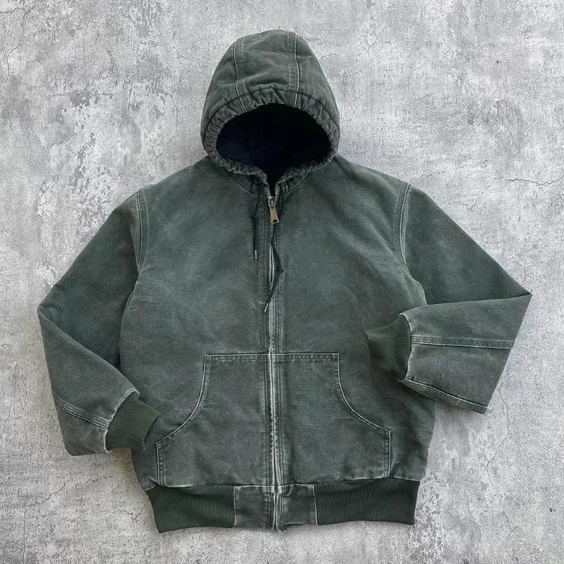 Men's Retro Gothic Hip Hop Washed Zipper Hoodie Flax Green Jacket