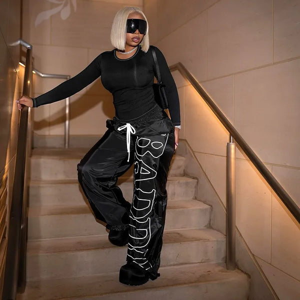 Letter Printed Thin Loose Quick Dry Pants Women Hipster Drawstring High Waist