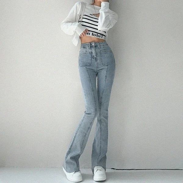 Vintage Bell Bottom Jeans Women High Stretch Flare Denim Pants