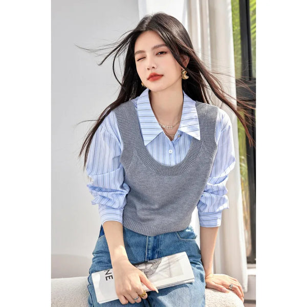 Womens Striped Knit Polo Shirt Two Piece Set Elegant Office Autumn
