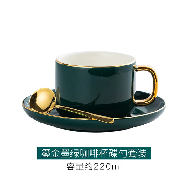 Gold Rim Coffee Cup and Saucer Set with Spoon European Ceramic