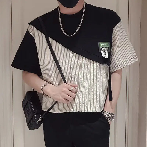 Fake Two-piece T-shirt Men's Spliced striped Short-sleeved Men's