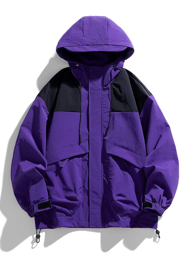 Spring Autumn Patchwork Windbreaker Men Korean Loose Hooded Jacket