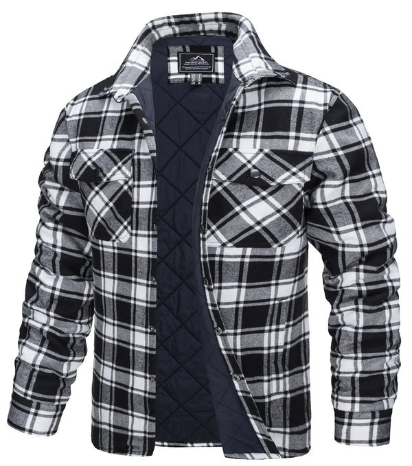 Men’s Plaid Flannel Shirt Jacket – Quilted Lined Winter Cotton Coat with Multi Pockets