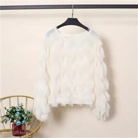 Blouse Women Autumn Wave Shape Furry Tassel Long Sleeve Pullover
