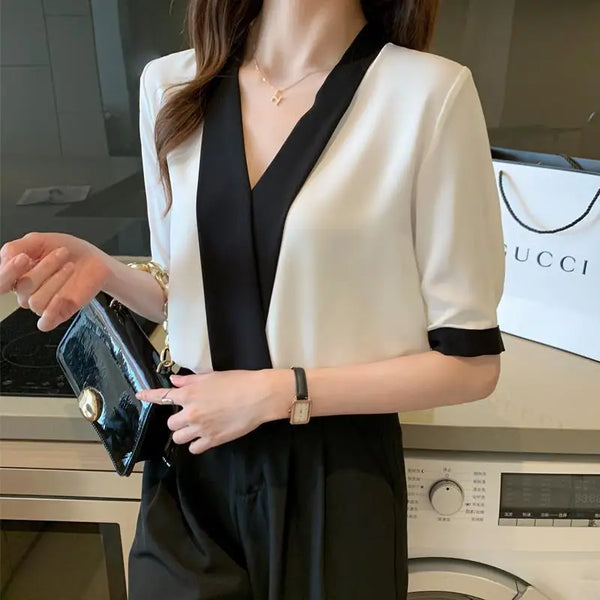 V Neck Contrast Color Blouse Women Short Sleeve Chiffon Office Top