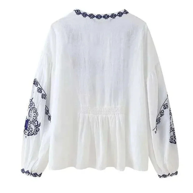 Women's V-Neck Embroidered Blouses Spring Summer Long-Sleeved Casual
