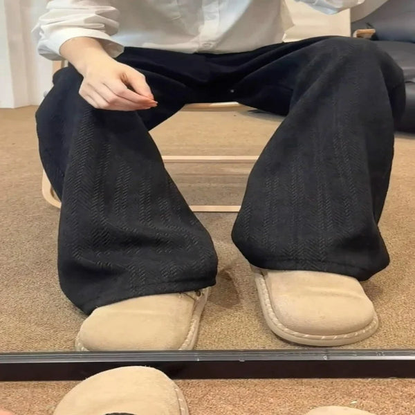 Retro Velvet Sweatpants Men Loose Straight Leg Thick Winter Pants