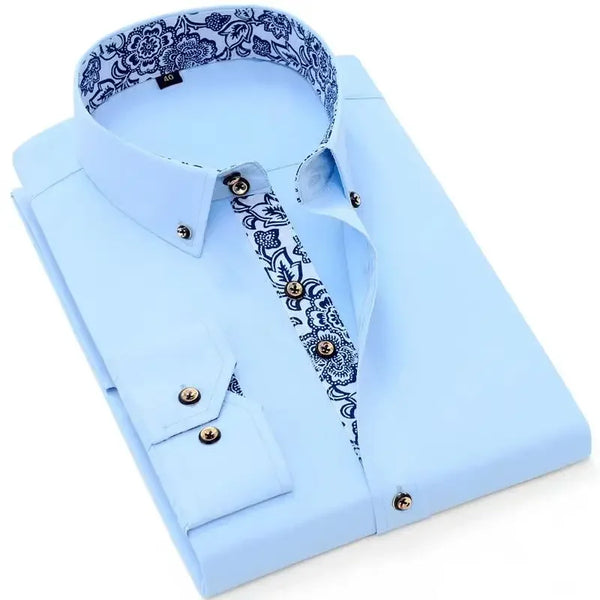 Men’s Blue-and-White Porcelain Cotton Shirt – Korean Fashion Long Sleeve Business Casual Dress Shirt
