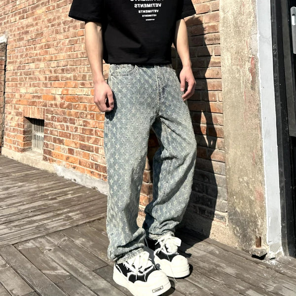 Men's Retro Washed Denim Jeans Hip-Hop Streetwear Loose Fit Pants