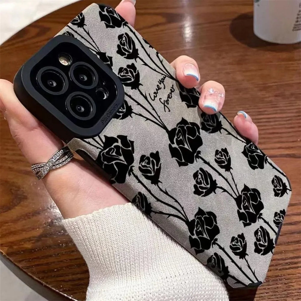 Fashion Black Rose Flowers Phone Case For iPhone