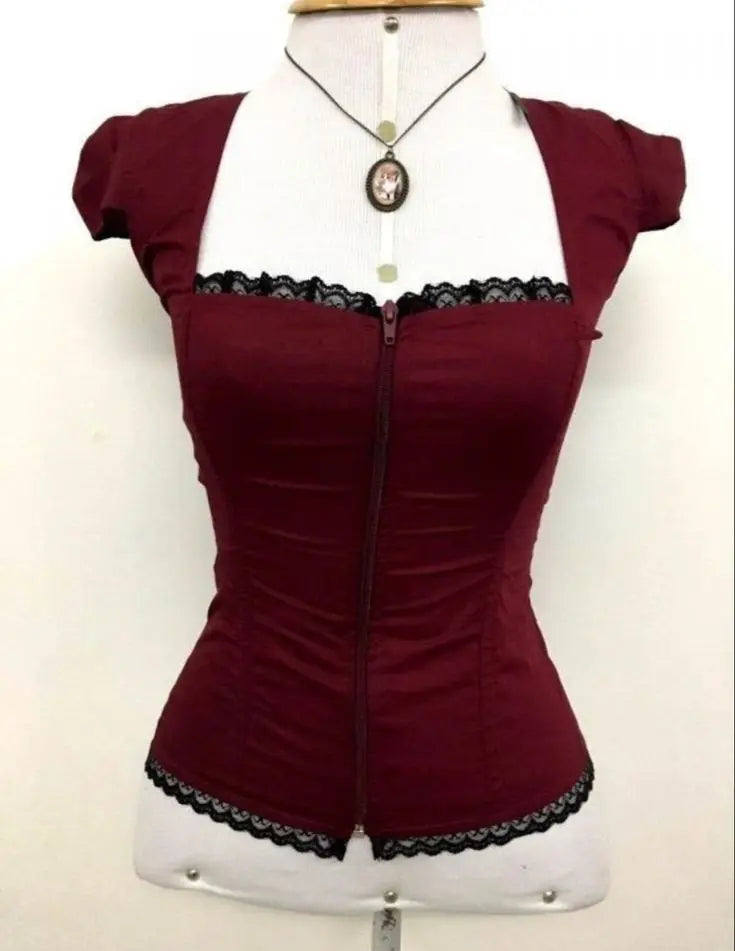 2025 Summer Vintage Red Lace Zip-Up Top Women’s Fashion Shirt