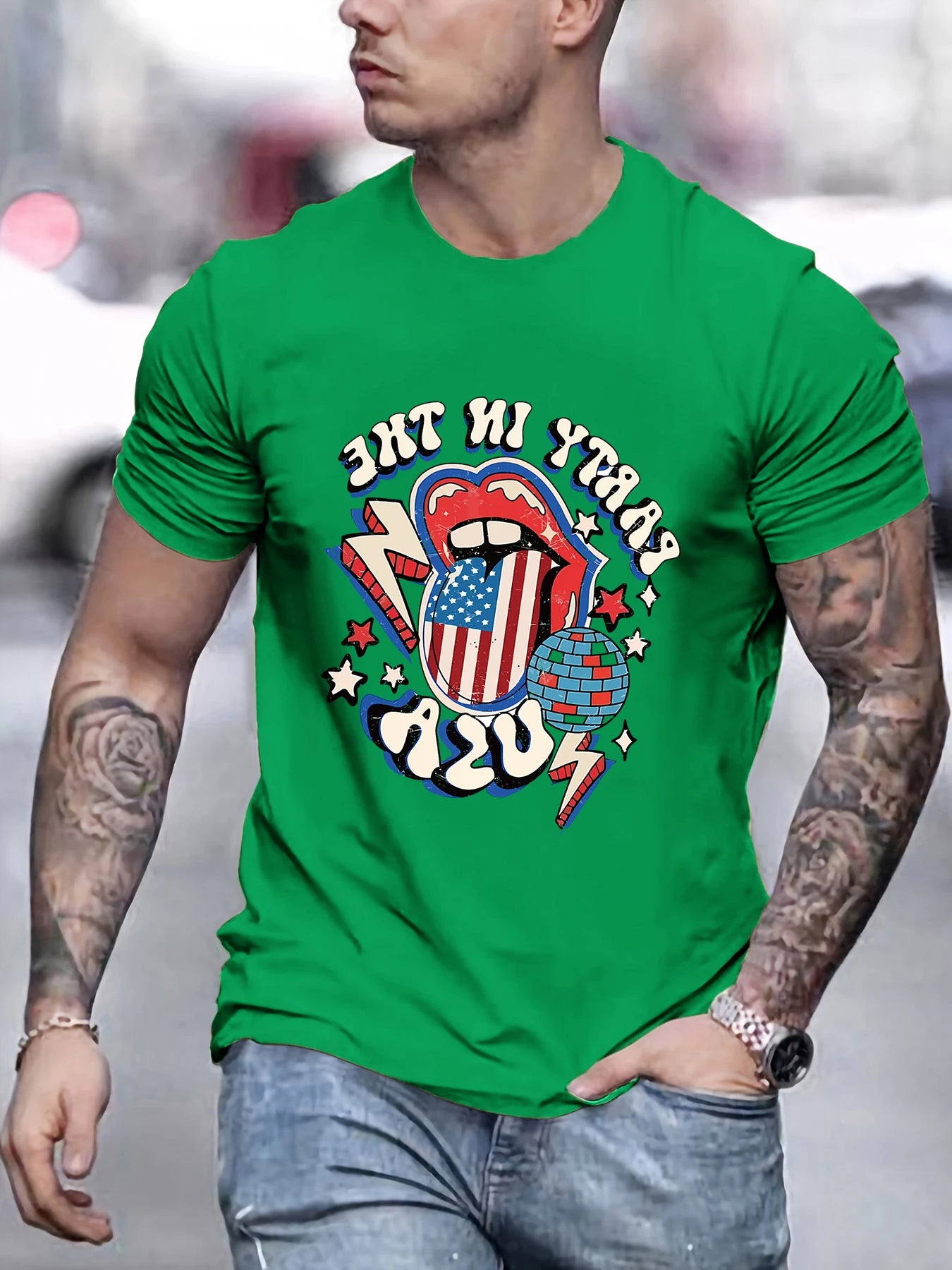 Ball Mouth Lightning Print Hip Hop T-Shirt Men Casual Cotton Summer Top