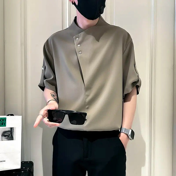 Mens Stand Collar Shirt Short Sleeve Graphic Print Summer Casual