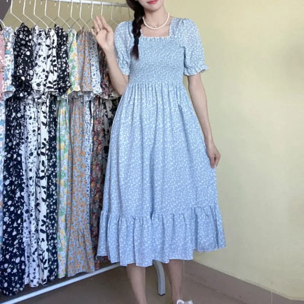 Spring Summer Elastic Waist Chiffon Dress Women Casual Pleated A-line