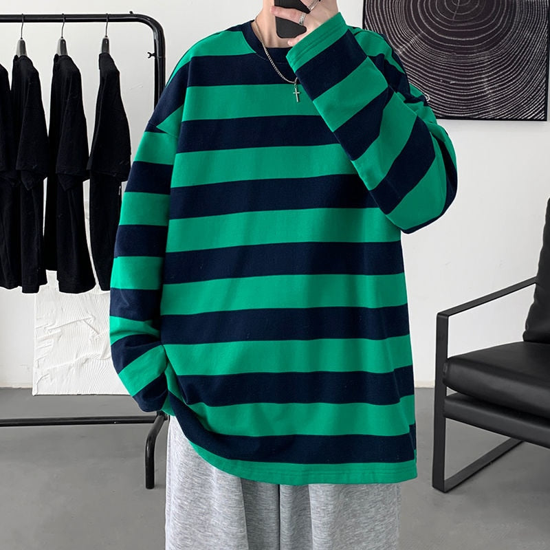 Oversized Tees Harajuku Striped T-Shirts for Men Casual Long Sleeve Tops