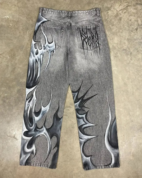 Y2K Street Gothic Flame Print Straight Jeans Men’s Loose Wide-Leg Pants