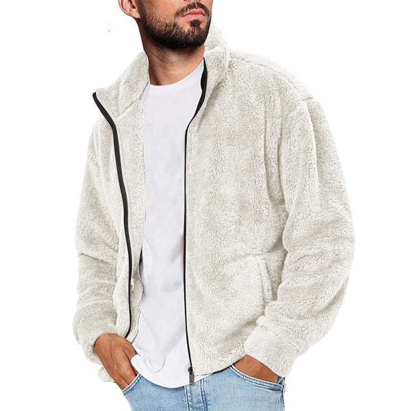Men’s Fleece Stand Collar Jacket – Warm Full Zip Thermal Coat for Fall Winter