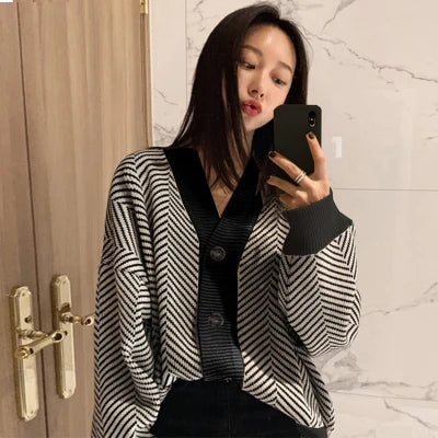 Striped Cardigan Sweater Women Long Sleeve Knit Jacket Fall Winter