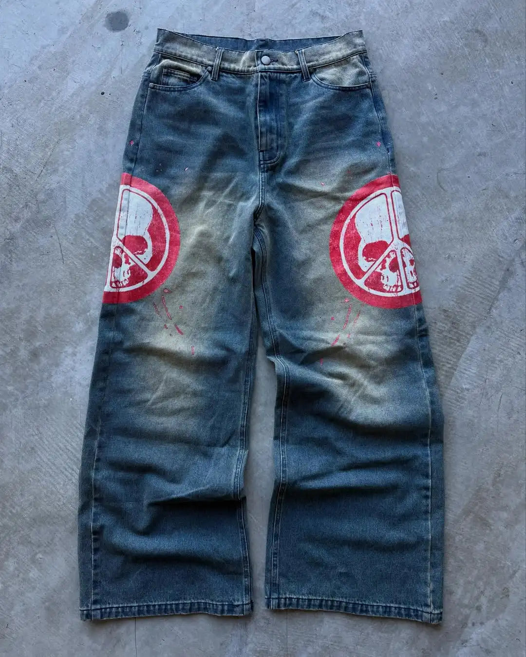 Men's Retro Blue Washed Loose Straight Pants Hip-Hop Streetwear