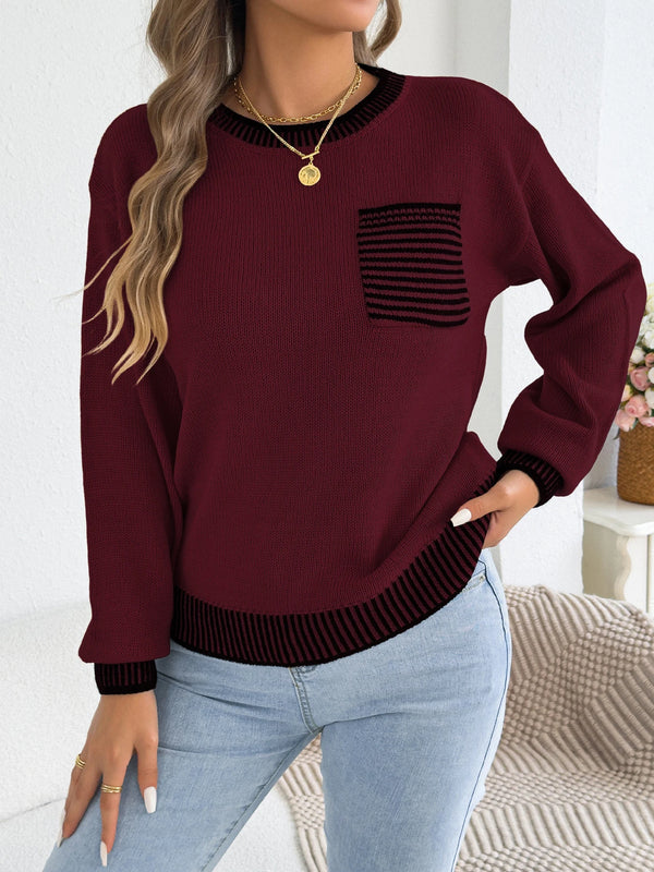 Womens Color Block Stripe Sweater Puff Sleeve Pocket Fall Winter