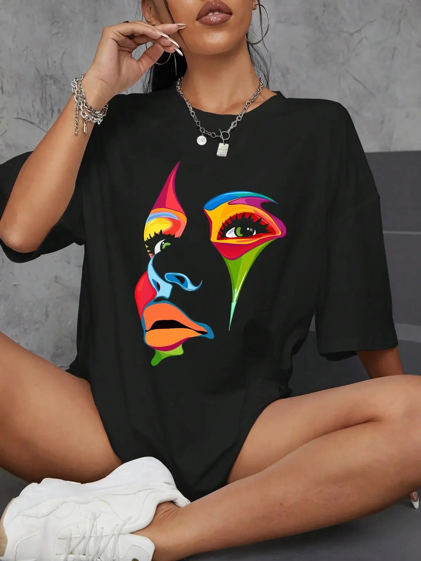 Painted Lady Face Personality Design Print T Shirt Short Sleeve