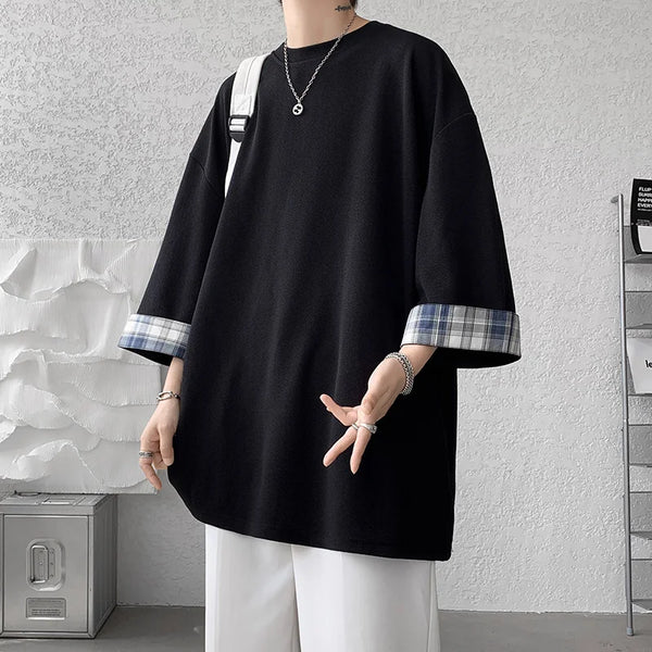 Mens Oversized Plaid Tshirt Korean Style Loose Fit Short Sleeve