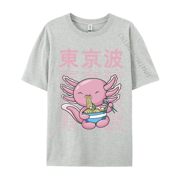 Kawaii Axolotl Eating Ramen Noodles T Shirt Autumn Hip hop