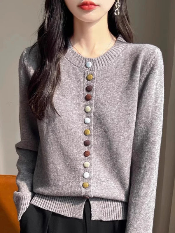 Womens Chunky Knit Cardigan Button Front Crew Neck Sweater Winter