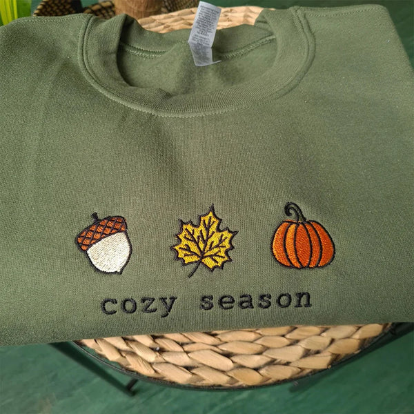 Cozy Fall Embroidered Sweatshirt Women Vintage Thick Fleece Pullover