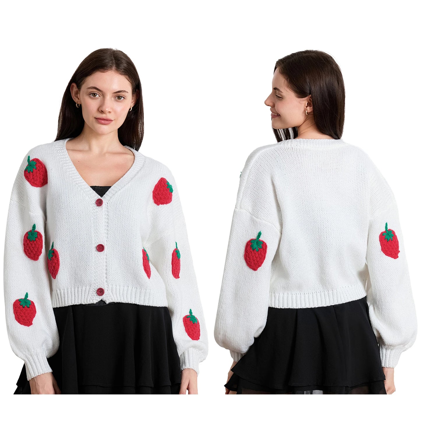 Women’s Vintage Knit Cardigan 3D Strawberry Embroidery V-Neck Coat