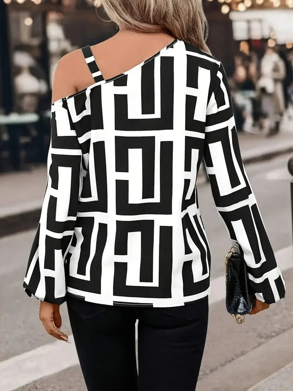 Off Shoulder Geometric Print Blouse Women Long Sleeve Hoodie Top