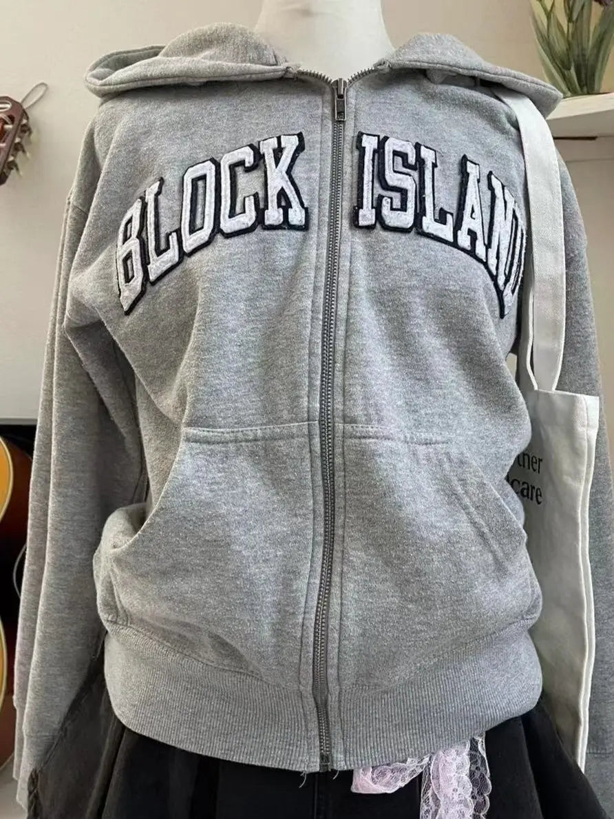 Women's Retro Gray Hoodie Letter Embroidery Casual Loose Coat