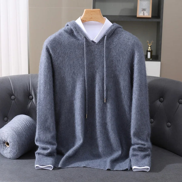 Mens 100 Percent Mink Cashmere Hooded Sweater Pullover Knit Top
