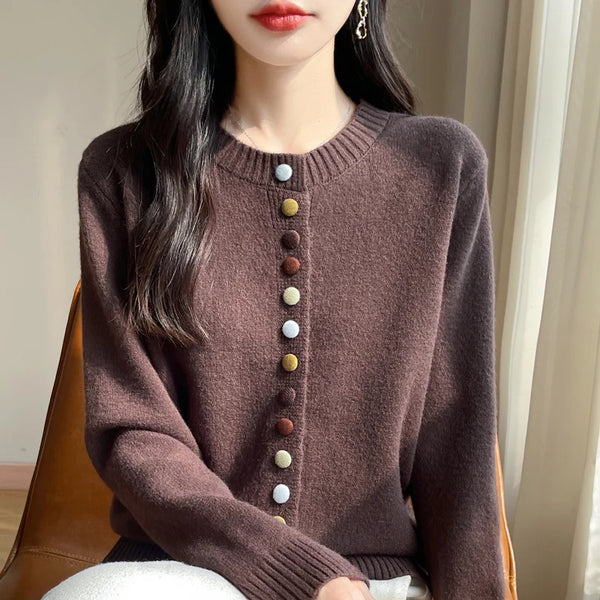 Womens Chunky Knit Cardigan Button Front Crew Neck Sweater Winter