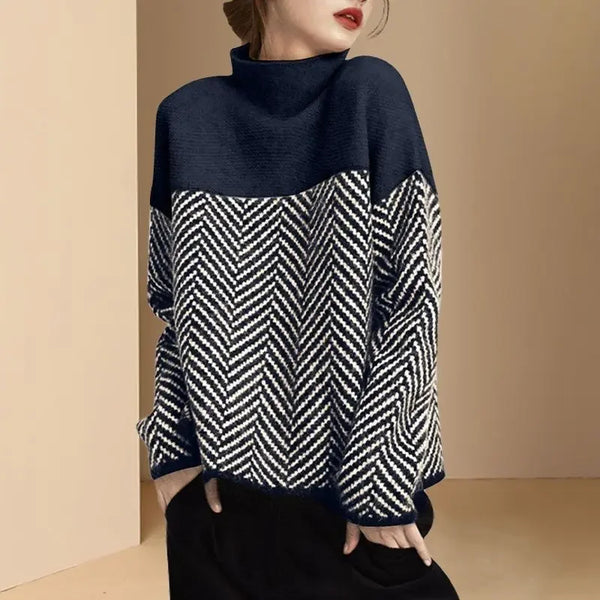 Women Color Block Turtleneck Sweater Loose Knit Top Fall Winter