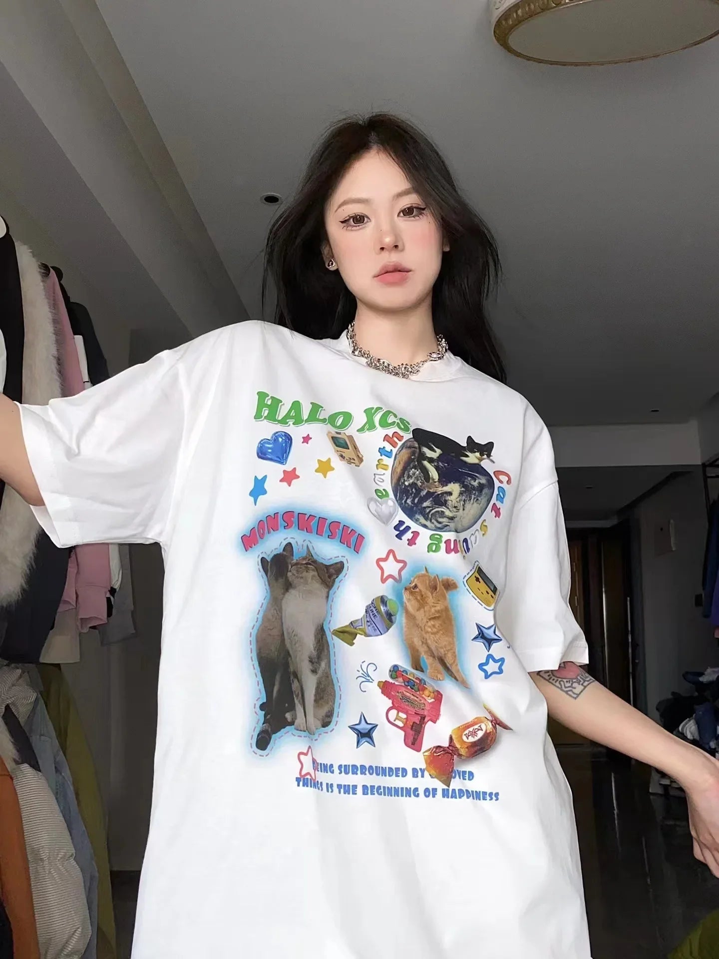Planet Cat Harajuku T-Shirt Loose Gothic Y2K Tee for Women