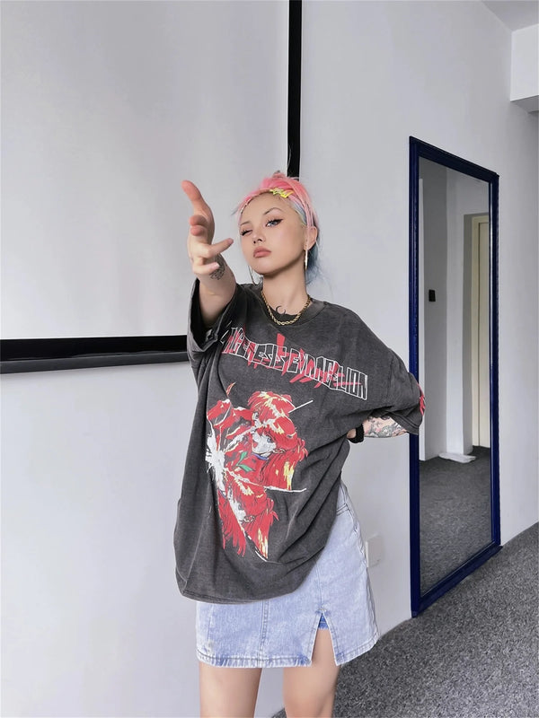 Retro Anime Print T-Shirt 2024 Heavy Cotton High Street Fashion