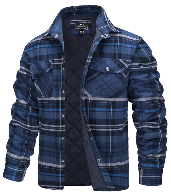 Men’s Plaid Flannel Shirt Jacket – Quilted Lined Winter Cotton Coat with Multi Pockets