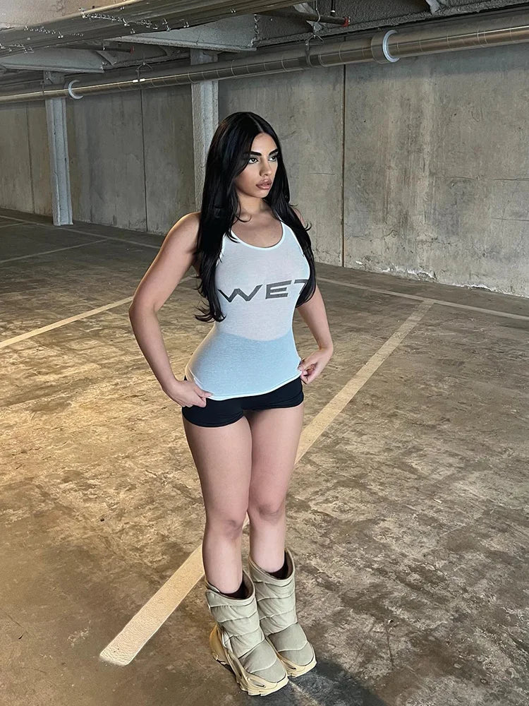 Nibber Summer Letter Print Tank Top Women Elastic Slim Fit Vest Casual