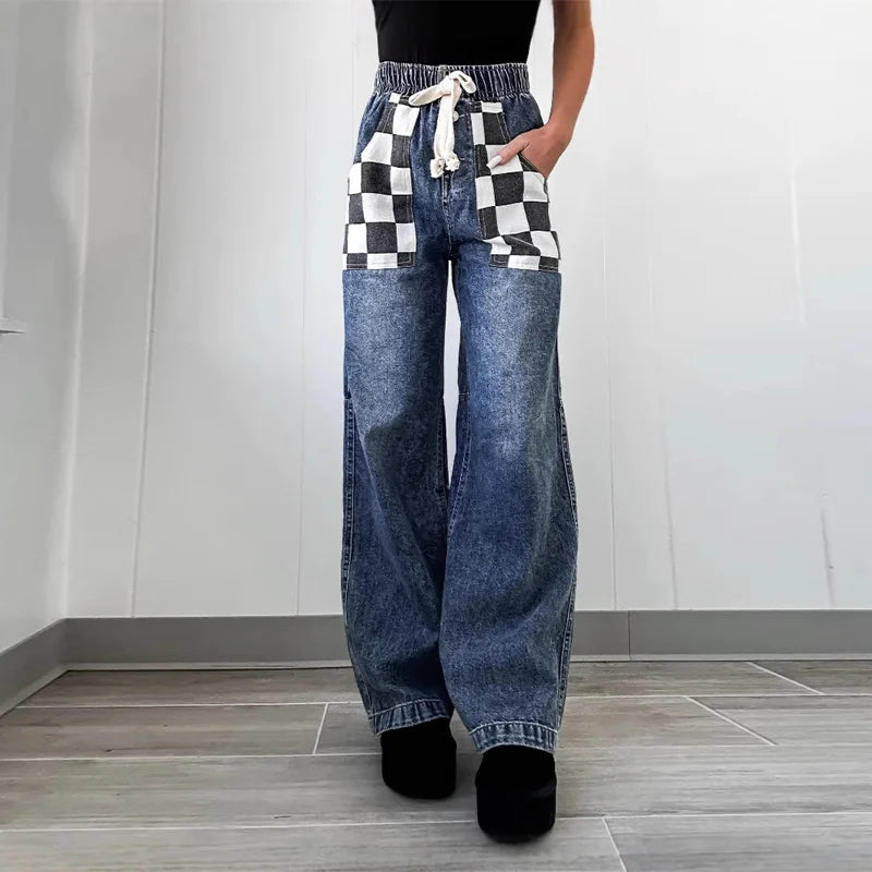 High Street Patchwork Plaid Jeans Women's Loose High Waist Pants