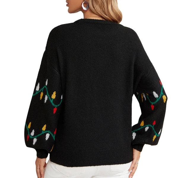 Women’s Christmas Knitted Sweater – Fashion Loose Pullover with Holiday Lights Design