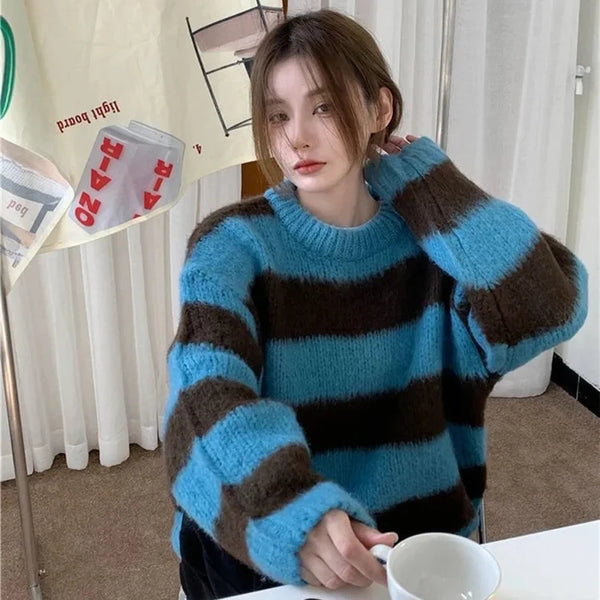 Womens Striped Knit Sweater Oversized O Neck Pullover Casual Top