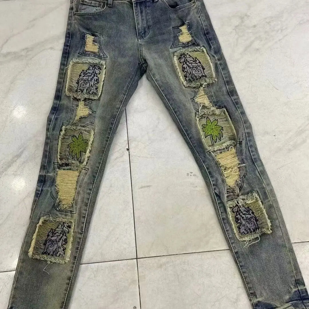 Men's Retro Patchwork Slim Fit Jeans Hip Hop Casual Streetwear