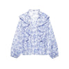Blue White Floral Blouse Women Ruffled Long Sleeve Elegant Top